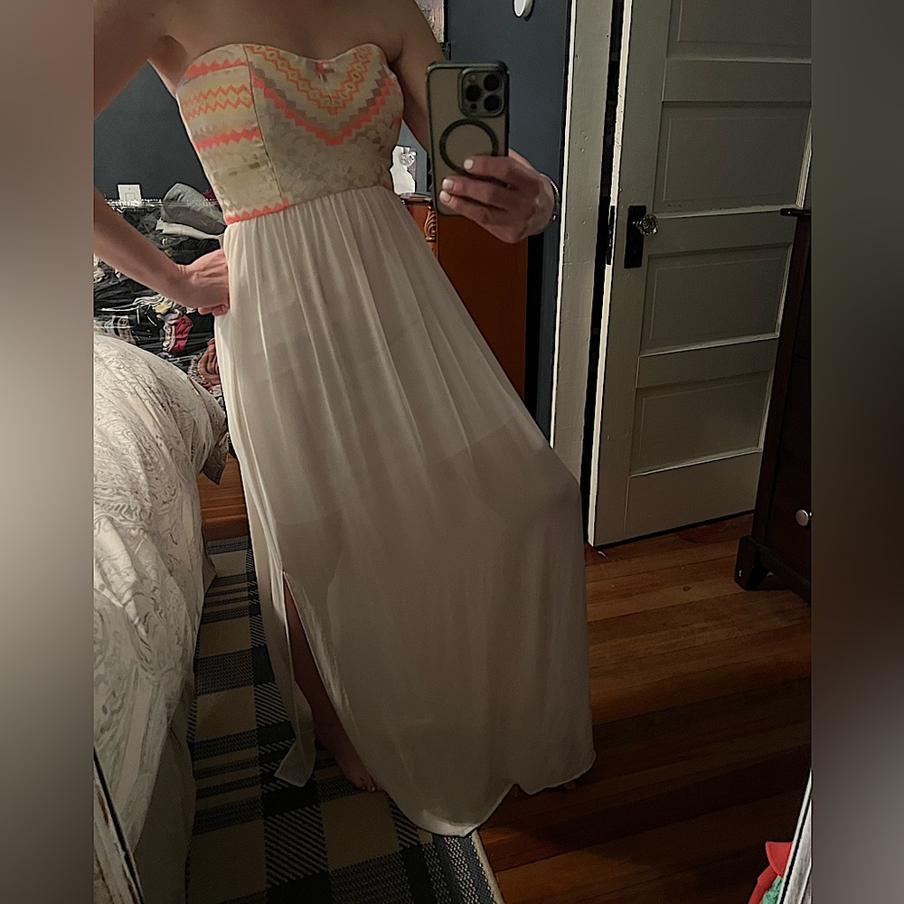 Minuet Strapless Dress Fluorescent Print on top with Off White/Sheer Long Skirt